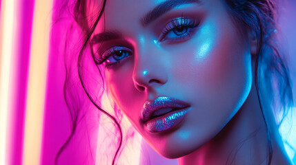 Obraz premium Abstract Neon Portrait of Woman with Glitter Makeup