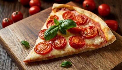 indulge in a delicious slice of pizza topped with fresh juicy tomatoes and aromatic basil on a rustic table