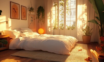 Cozy bedroom with a soft white duvet, plush pillows, and a woven rug, bathed in warm morning light