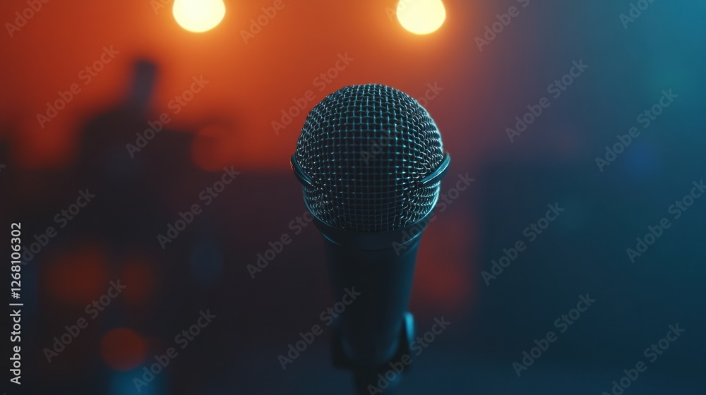 Aufkleber Close up of a microphone in focus with vibrant lighting and a blurred musician in the background during a live performance. Generative AI