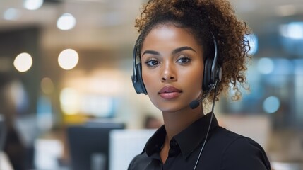 Fototapeta premium Professional African American Woman Call Center Agent Headset Support Service Customer Business Portrait job help desk work team hair black focus 