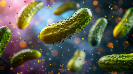 Surreal composition of pickles floating in mid-air against a vibrant background with colorful bokeh lights. The glossy texture of the pickles and scattered seasoning particles create a dynamic