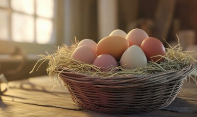Basket of fresh eggs nestled in hay, sitting on a wooden table with rustic charm, ideal for farm-to-table inspiration