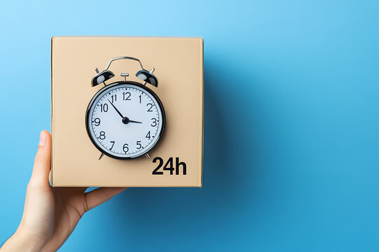 24-Hour Delivery: A hand gently holds a cardboard box adorned with a classic alarm clock, symbolizing the speed and efficiency of next-day delivery service.