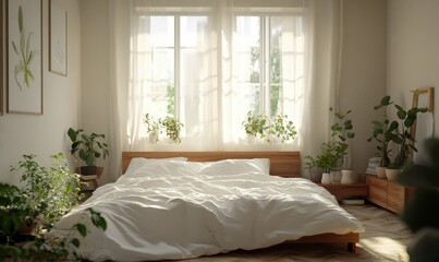 Fototapeta premium Cozy bedroom with white linens, a wooden headboard, and large windows letting in soft morning light, minimalist decor with neutral tones and green plants, peaceful atmosphere