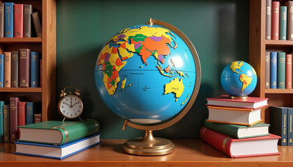 Vibrant globe on wooden shelf with books and clock, educational concept