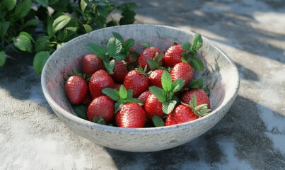 Bowl of vibrant red strawberries surrounded by fresh mint leaves on a textured concrete surface, evoking summer sweetness