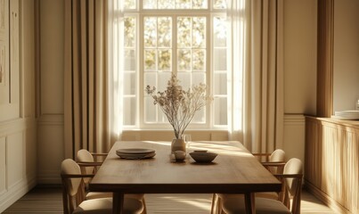 Cozy dining room with a wooden table, beige chairs, and large windows allowing bright sunlight, minimalist decor with soft natural tones, warm and inviting atmosphere