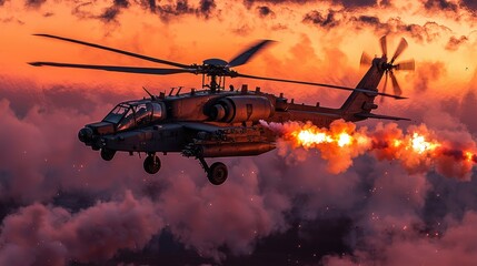Helicopter in flight amidst clouds, firing missiles during sunset.