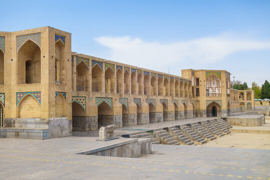 Panoramic view of the historic Khaju Bridge over the Zayanderud River, Isfahan, Iran. The bridge was built in 1650.