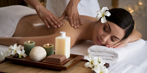 A serene spa setting with a woman receiving a relaxing back massage, surrounded by candles, soap, and spa products, showcasing wellness, relaxation, and self-care.
