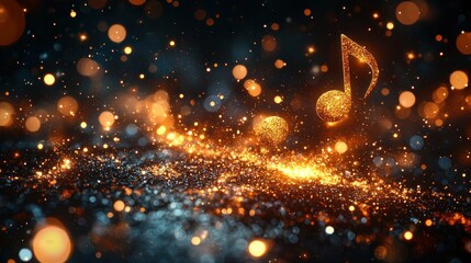 Golden music note on glittering dark background