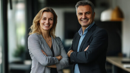 Fototapeta premium Professional middle-aged colleagues in corporate office