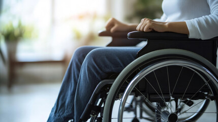 Obraz premium Person in wheelchair overlooking city skyline from office