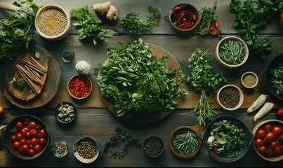 Flat lay of freshly picked herbs and spices arranged neatly on a rustic table, styled to convey freshness and culinary inspiration