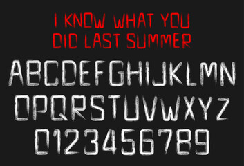 Marker Font Scary Horror with Distressed Grunge Alphabet and Numbers on Dark Background for Spooky Designs and Halloween Themes. Vector illustration.