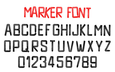 Marker font alphabet with uppercase letters and numbers. Graffiti marker font design. Hand drawn style geometric alphabet and numbers. Vector illustration.
