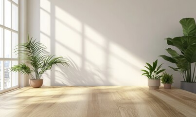 Minimalist home office setup with a clean wooden desk, potted plants, and bright natural light streaming in.