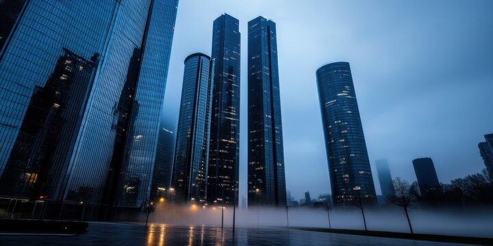 A stunning modern cityscape at dusk featuring towering skyscrapers surrounded by eerie fog