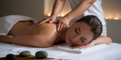 A photo of a woman receiving a back massage in a relaxing spa setting, showcasing the healing benefits of therapy, wellness, and tranquility for self-care and relaxation.