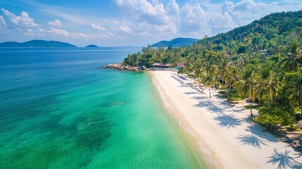 Fototapeta premium Stunning Aerial View Tropical Beach Paradise Island Azure Ocean White Sand Palm Trees Luxury Resort Vacation Getaway Summer Holiday Idyllic Seascape 