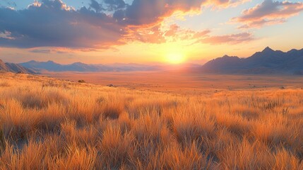 Fototapeta premium Golden sunset over desert grassland landscape