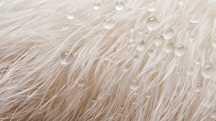 Soft white fur with droplets clinging to its fibers after a gentle rain shower in the morning light