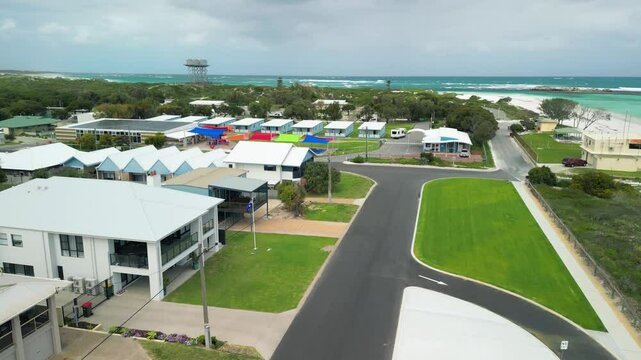 Breathtaking aerial shot of Lancelin's coastline and town, with clear blue waters in Western Australia