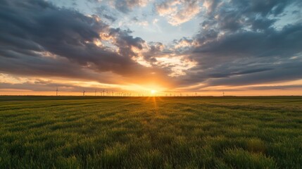 field of grass with wind turbines at sunset.