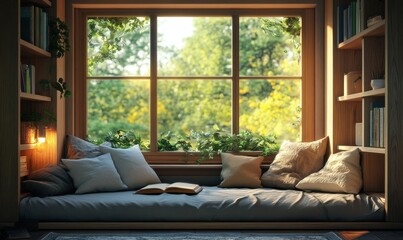 Cozy reading nook by a large window, soft cushions and warm lighting creating a perfect spot for relaxatio