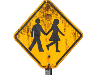 Yellow pedestrian crossing sign with figures of an adult and child, indicating a school zone,