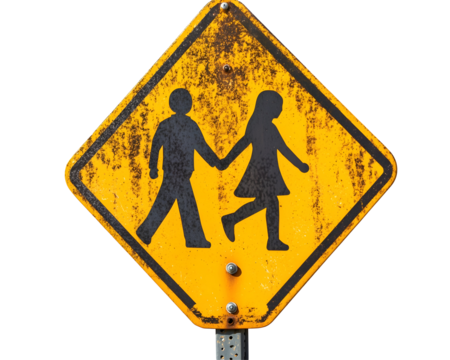 Yellow pedestrian crossing sign with figures of an adult and child, indicating a school zone,