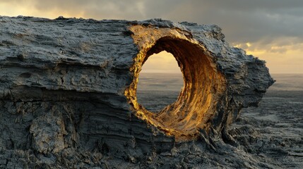 Fototapeta premium Golden Tunnel in Grey Volcanic Landscape at Sunrise