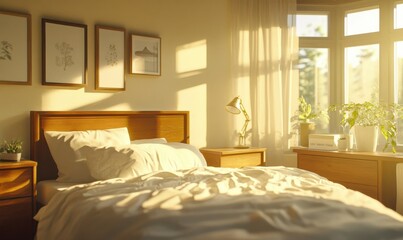 Cozy sunlit bedroom with soft white bedding, wooden accents, and warm golden light streaming in, minimalist decor creating a calm atmosphere, clean neutral tones