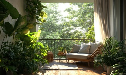 Balcony with a comfortable seating area, surrounded by lush green plants, wooden flooring and soft sunlight creating a tranquil and inviting atmosphere, warm tones