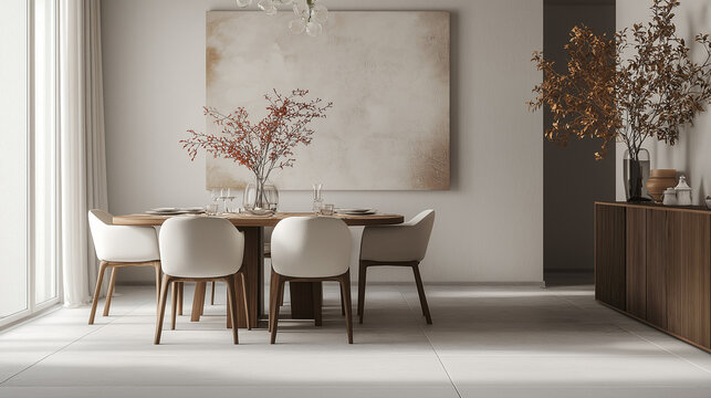 interior of a modern dinning room , table and chairs , flowers in vase 