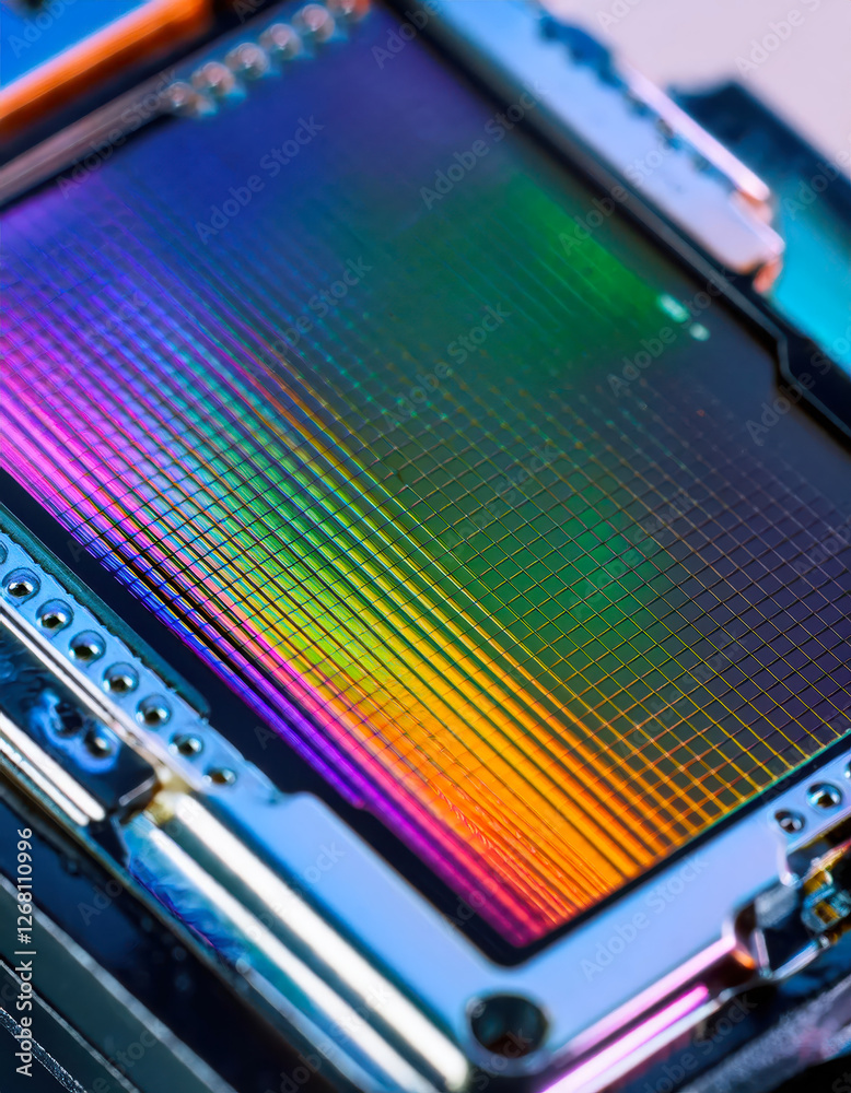 Poster vibrant patterns and detailed structure of a digital camera sensor plate examined closely