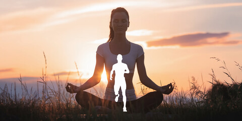 A silhouette of a woman meditating in nature during sunset with an overlay of a running figure, symbolizing the harmony between physical fitness and mental calm.