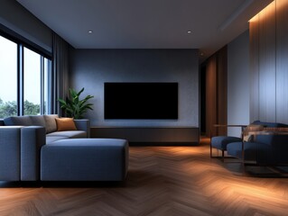 modern living room with herringbone floor and minimalist design