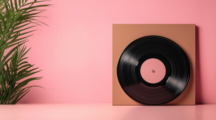 Obraz premium black vintage vinyl record with pink label isolated on pink background 