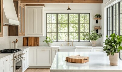 Bright kitchen with white cabinetry, marble countertops, and wooden details, fresh green plants placed on the windowsill, natural light creating a clean and inviting vibe