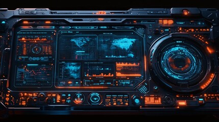 Futuristic Tech Interface Digital Dashboard Screen Neon Orange Blue Sci Fi Control Panel Modern Technology User Interface Digital World Map Graphics  