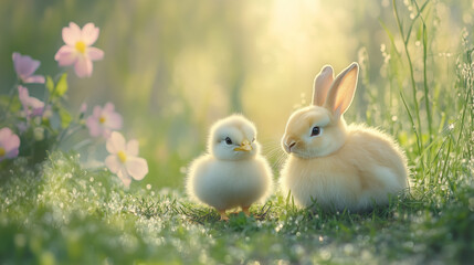 White Bunny and Chick in a Dewy Morning Meadow with Soft Light