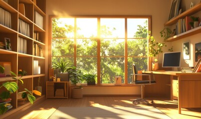Minimalist home office with clean lines, wooden shelves, and large windows letting in plenty of sunlight.