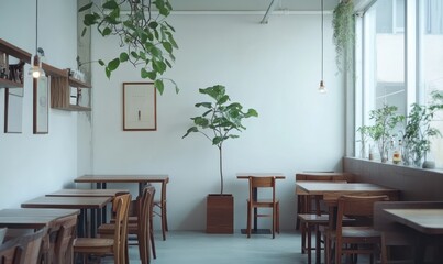 Minimalist interior with clean white walls, wooden furniture, and a potted plant adding a touch of greener