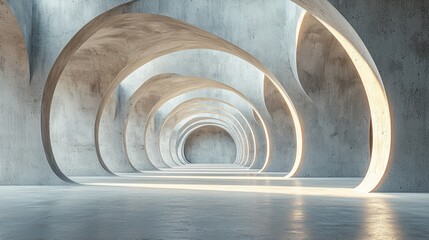 A modern, abstract architectural space with curved walls and soft lighting.