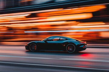 A sleek black luxury sports car speeds through an urban street at night, creating a motion blur effect with vibrant orange and blue city lights.
