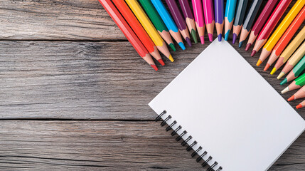 Artistic Creativity with Colorful Pencils and Sketchbook on Rustic Wooden Surface Still Life
