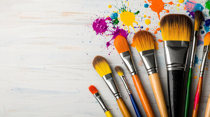 Obraz premium Artistic Paint Brushes with Vibrant Splashes of Color on a White Textured Wooden Surface