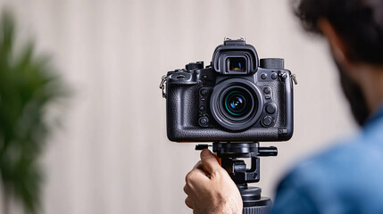 Black Camera on Tripod Ready for Professional Photography Session with Technician in Studio Setting